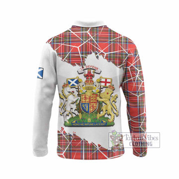 Stewart (Stuart) Tartan Long Sleeve Polo Shirt with Family Crest and Lion Rampant Grunge Style