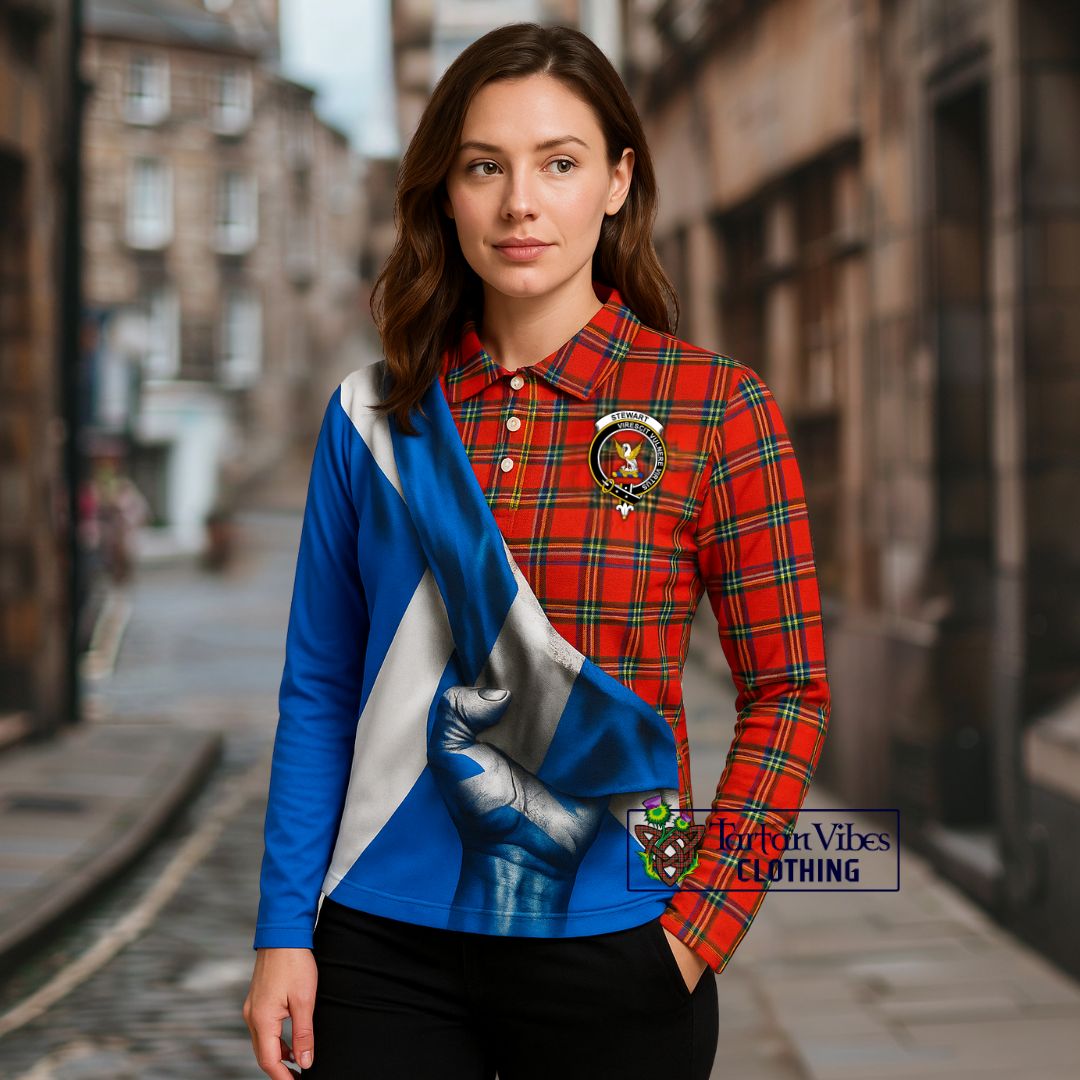 Stewart (Stuart) Tartan Long Sleeve Polo Shirt with Family Crest Scotland Patriotic Style