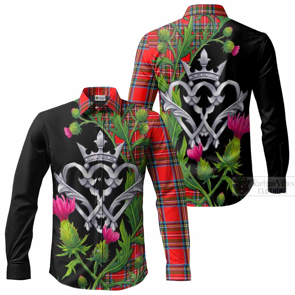 Stewart (Stuart) Tartan Luckenbooth Long Sleeve Button Shirts Silver Heart Crown Thistle Floral