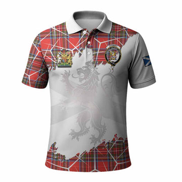 Stewart (Stuart) Tartan Polo Shirt with Family Crest and Lion Rampant Grunge Style