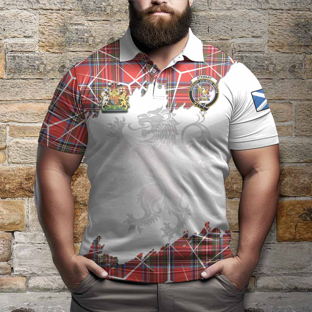 Stewart (Stuart) Tartan Polo Shirt with Family Crest and Lion Rampant Grunge Style