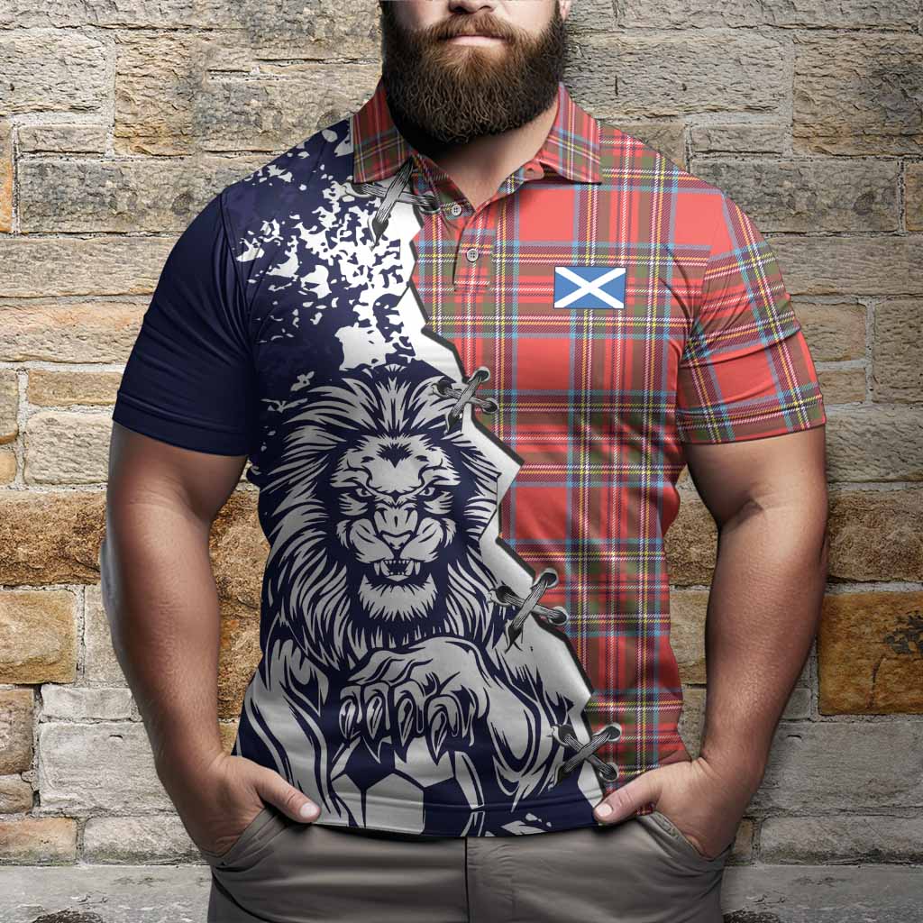 Stewart (Stuart) Tartan Scottish Polo Shirt Angry Lion With Soccer Ball Style