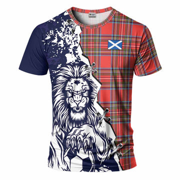 Stewart (Stuart) Tartan Scottish T-Shirt Angry Lion With Soccer Ball Style