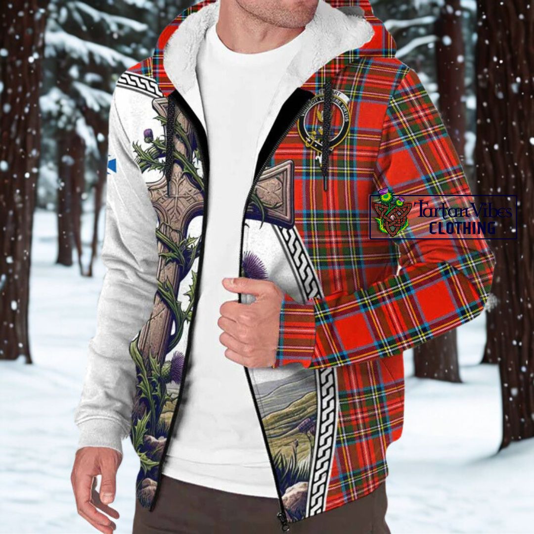 Stewart (Stuart) Tartan Sherpa Hoodie with Family Crest and St. Andrew's Cross Accented by Thistle Vines