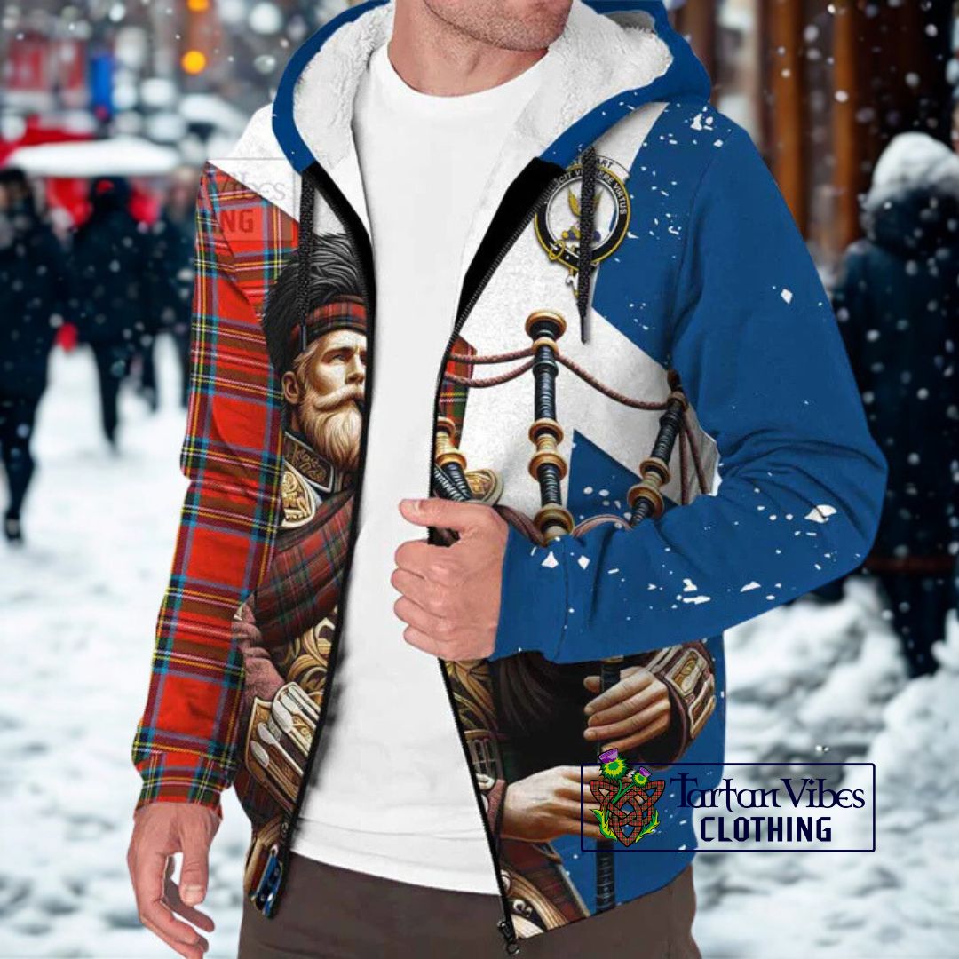 Stewart (Stuart) Tartan Sherpa Hoodie with Family Crest Scottish Bagpiper Vibes