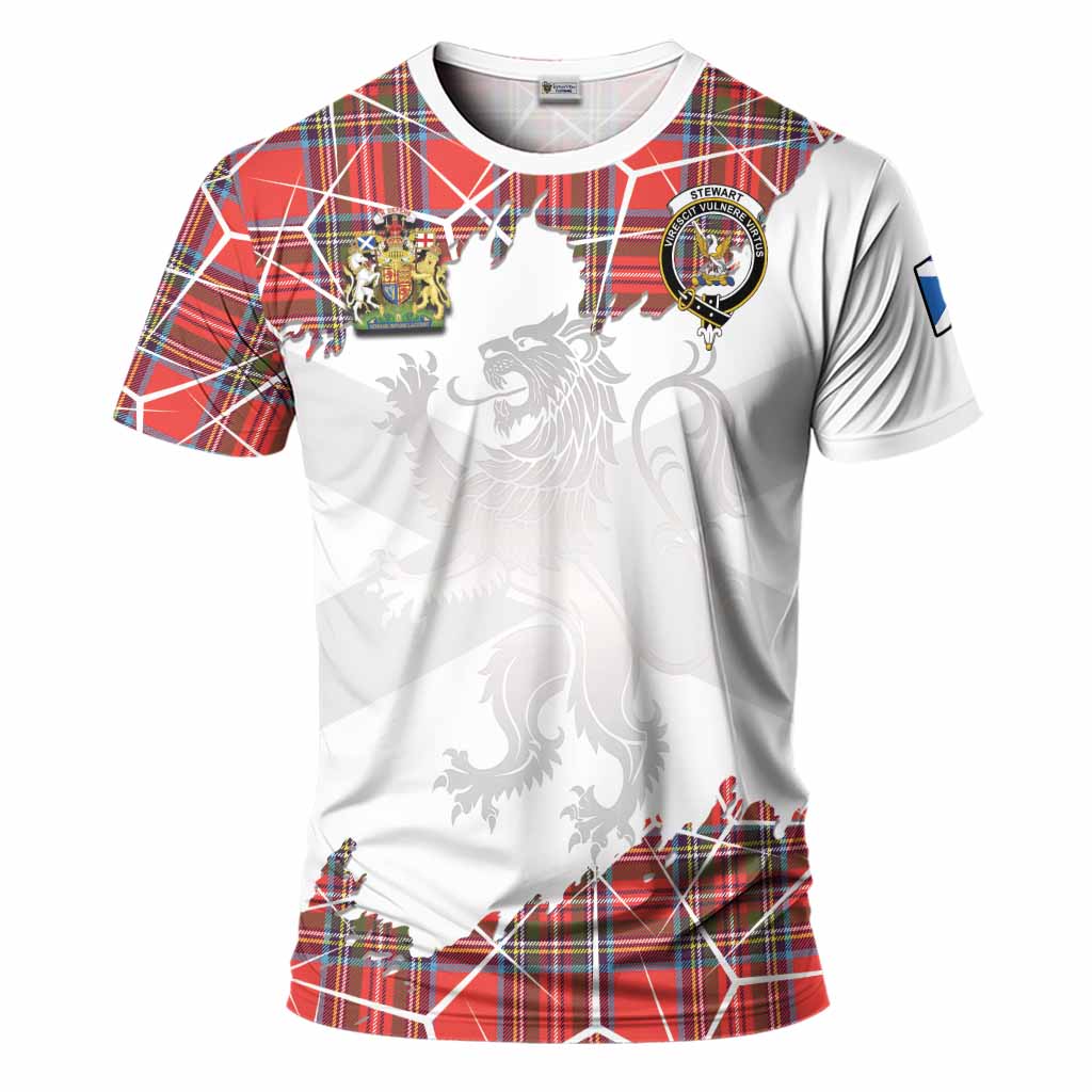 Stewart (Stuart) Tartan T-Shirt with Family Crest and Lion Rampant Grunge Style