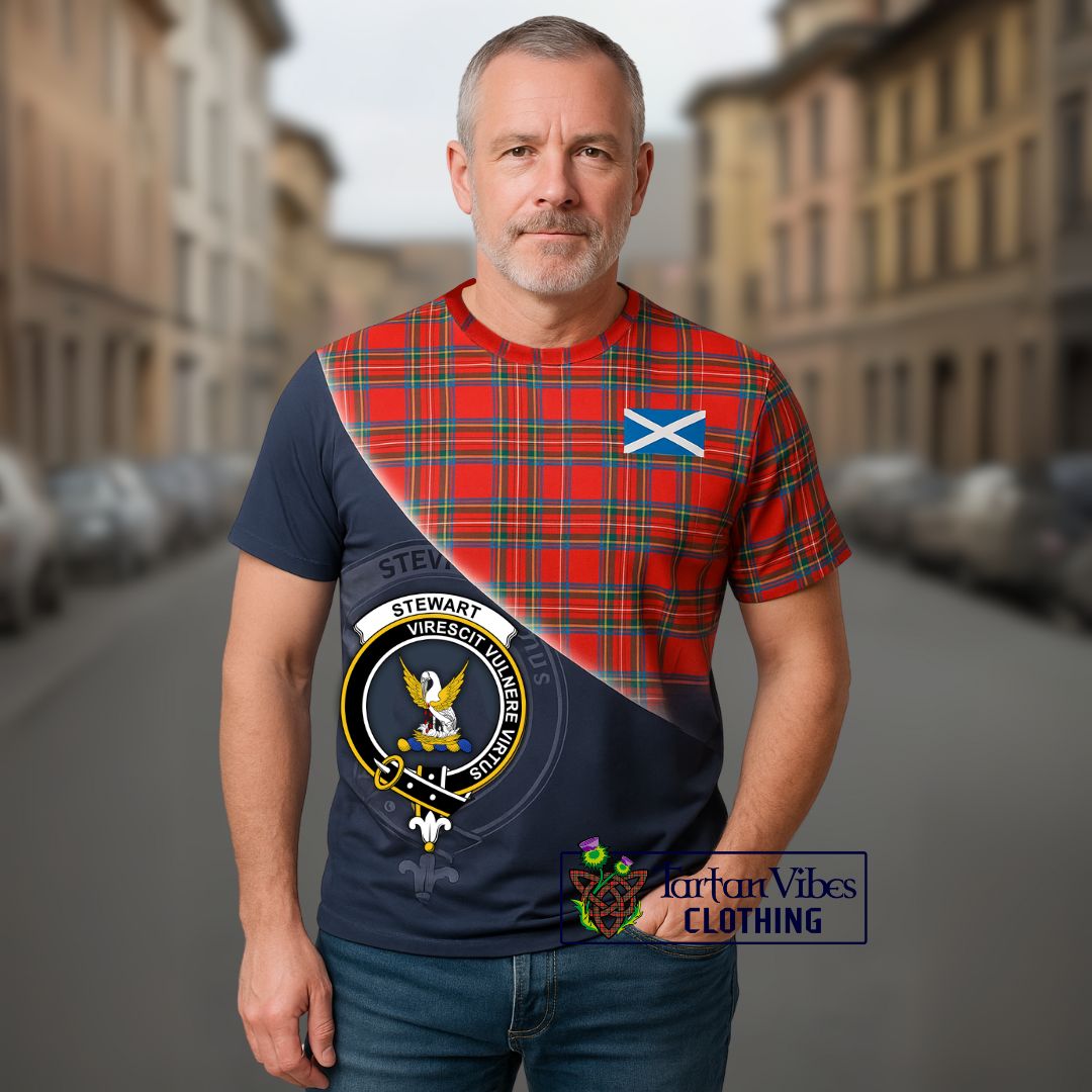 Stewart (Stuart) Tartan T-Shirt with Personalised National Flag and Family Crest Half Style