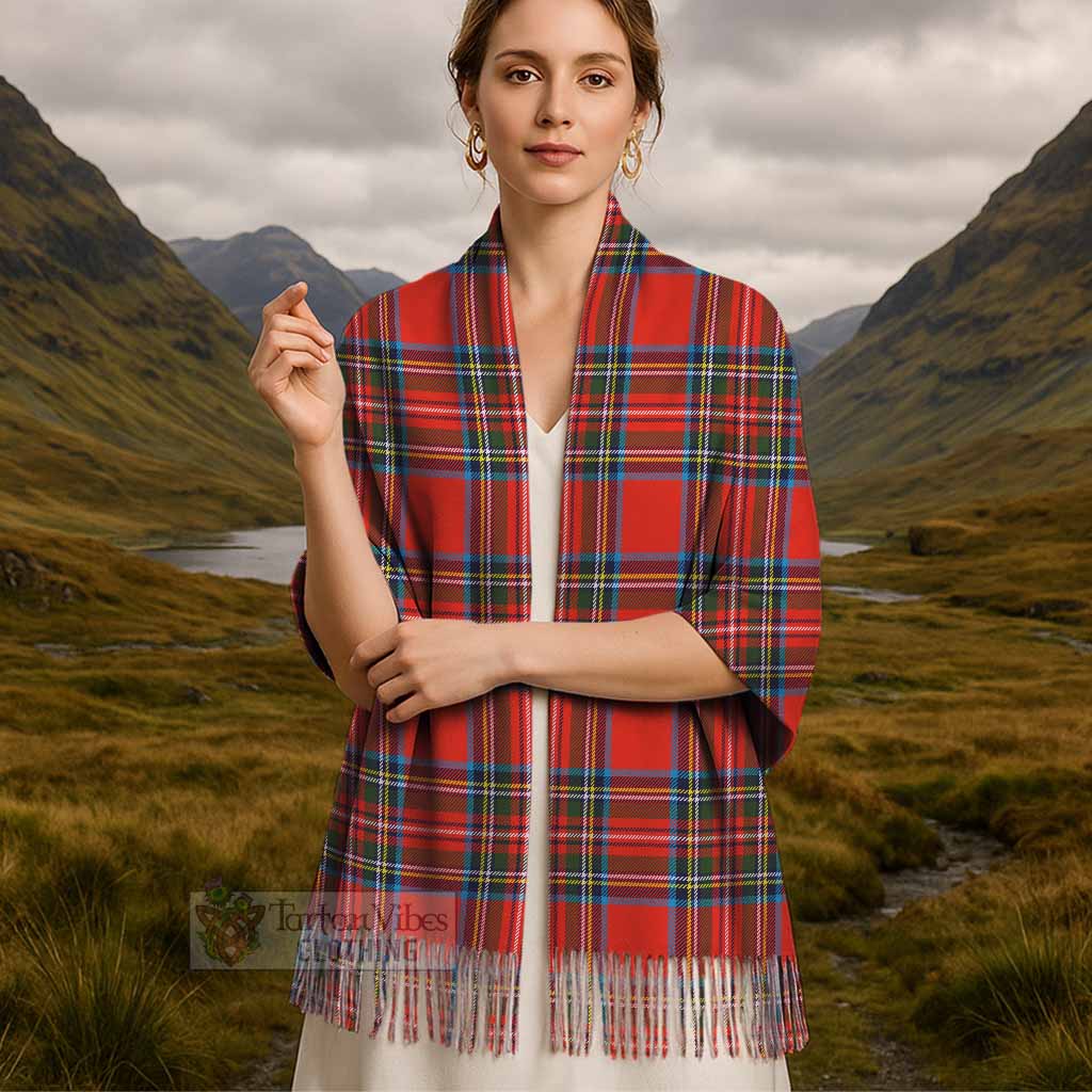 a woman with Stewart (Stuart) Tartan Tassel Scarf