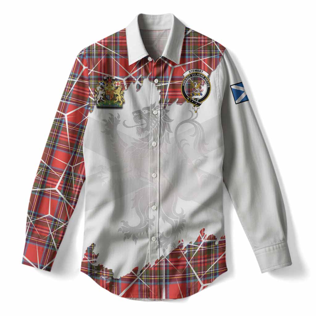 Stewart (Stuart) Tartan Women Casual Shirt with Family Crest and Lion Rampant Grunge Style