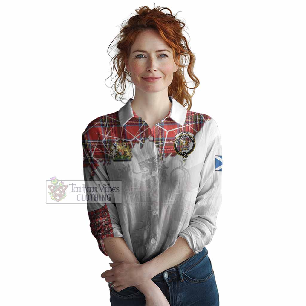 Stewart (Stuart) Tartan Women Casual Shirt with Family Crest and Lion Rampant Grunge Style