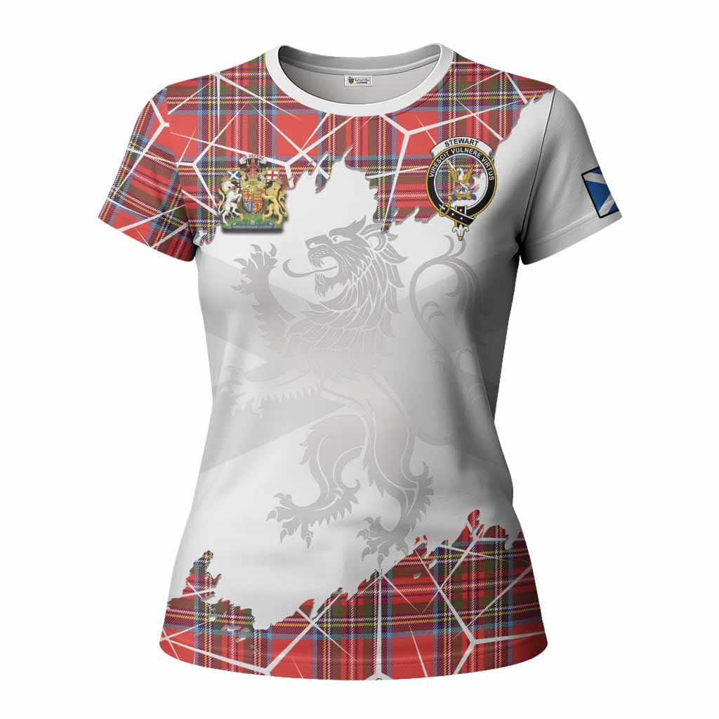 Stewart (Stuart) Tartan Women T shirt with Family Crest and Lion Rampant Grunge Style