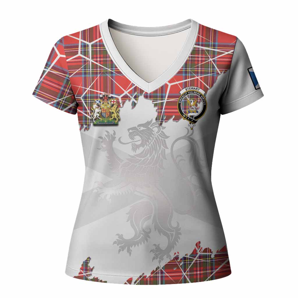 Stewart (Stuart) Tartan Women T shirt with Family Crest and Lion Rampant Grunge Style
