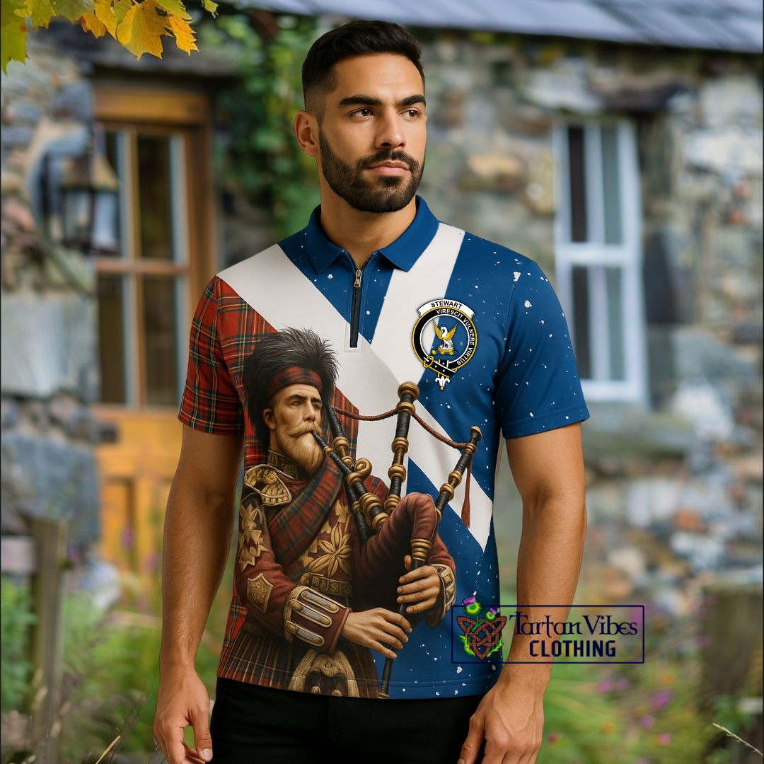 Stewart (Stuart) Tartan Zipper Polo Shirt with Family Crest Scottish Bagpiper Vibes