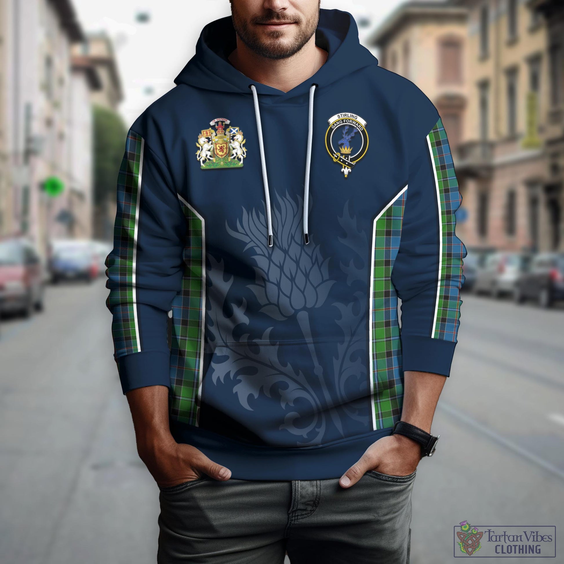 Tartan Vibes Clothing Stirling Tartan Hoodie with Family Crest and Scottish Thistle Vibes Sport Style