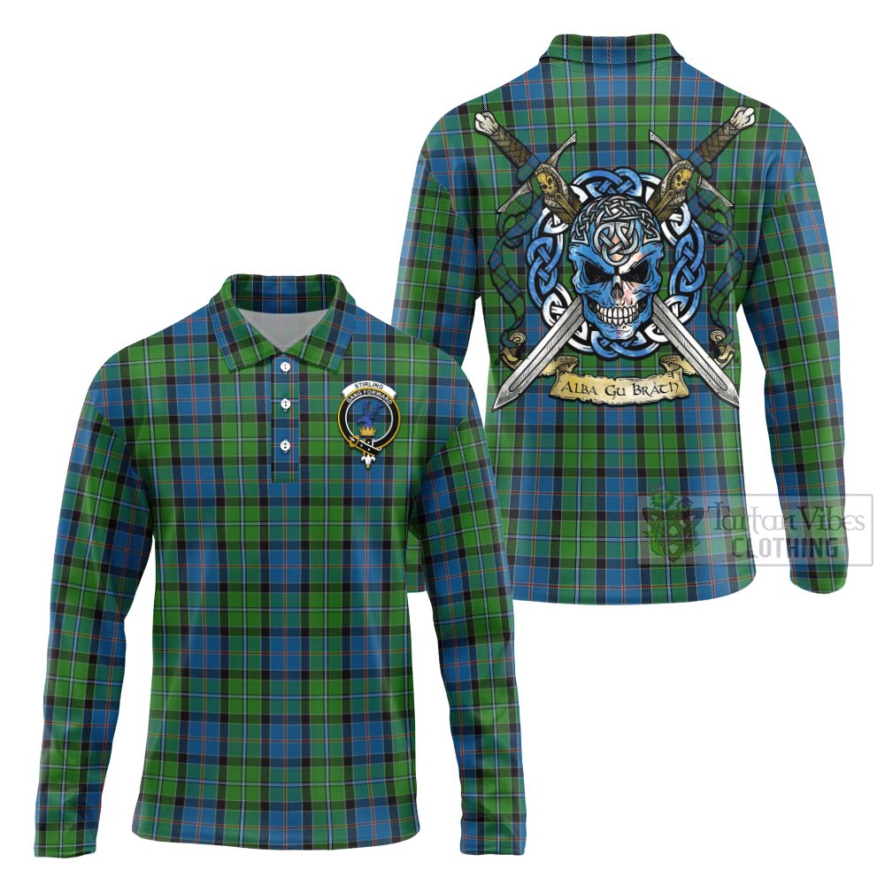 Tartan Vibes Clothing Stirling Tartan Long Sleeve Polo Shirt with Family Crest Celtic Skull Style