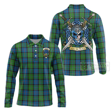 Tartan Vibes Clothing Stirling Tartan Long Sleeve Polo Shirt with Family Crest Celtic Skull Style