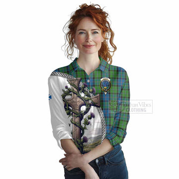 Tartan Vibes Clothing Stirling Tartan Women's Casual Shirt with Family Crest and St. Andrew's Cross Accented by Thistle Vines