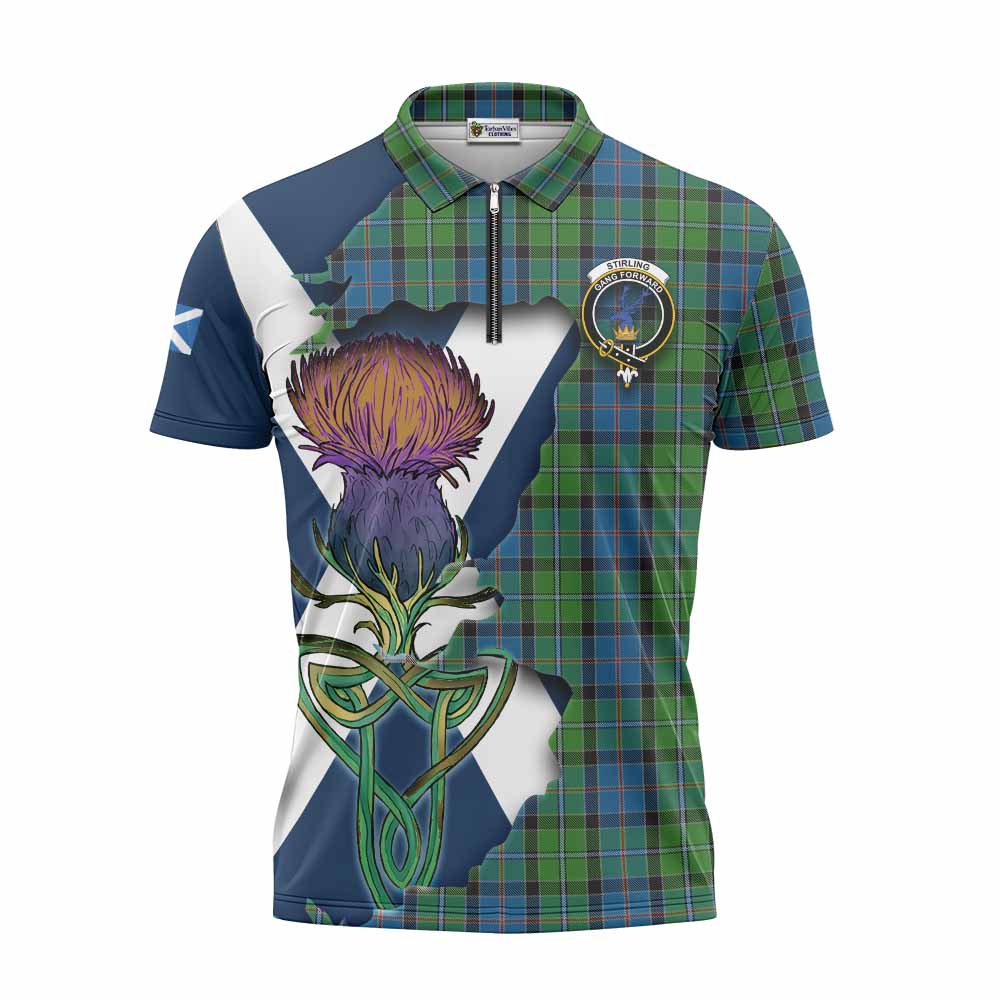 Tartan Vibes Clothing Stirling Tartan Family Crest Zipper Polo Shirt Scottish Thistle Celtic Inspired