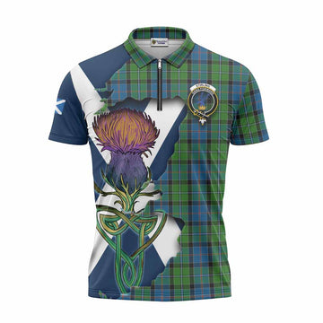 Tartan Vibes Clothing Stirling Tartan Family Crest Zipper Polo Shirt Scottish Thistle Celtic Inspired