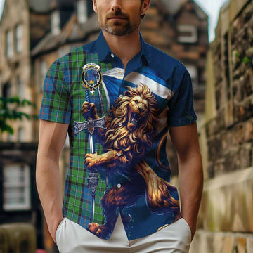 Tartan Vibes Clothing Stirling Tartan Family Crest Short Sleeve Button Shirt with Scottish Majestic Lion