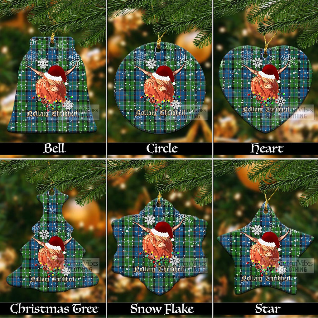 Tartan Vibes Clothing Stirling Clan Tartan Ornament with Christmas Twinkle Highland Cattle
