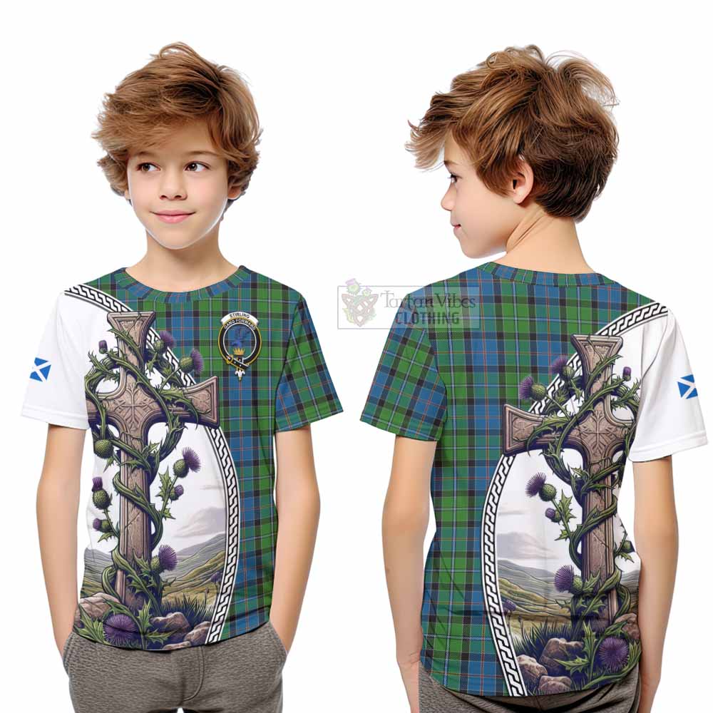 Tartan Vibes Clothing Stirling Tartan Kid T-Shirt with Family Crest and St. Andrew's Cross Accented by Thistle Vines
