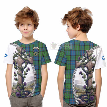 Tartan Vibes Clothing Stirling Tartan Kid T-Shirt with Family Crest and St. Andrew's Cross Accented by Thistle Vines