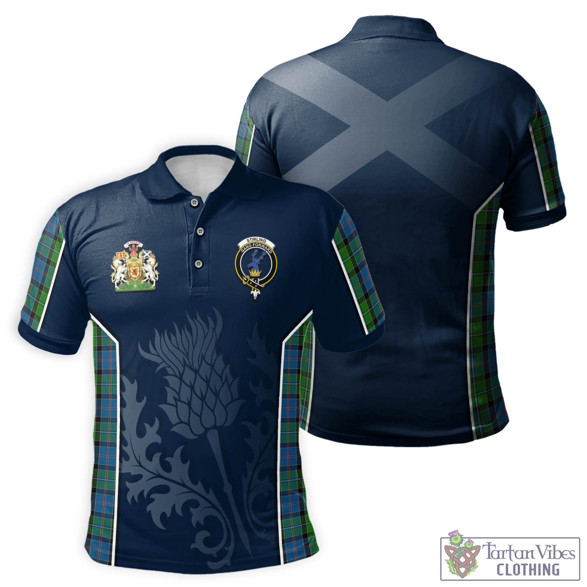 Tartan Vibes Clothing Stirling Tartan Men's Polo Shirt with Family Crest and Scottish Thistle Vibes Sport Style