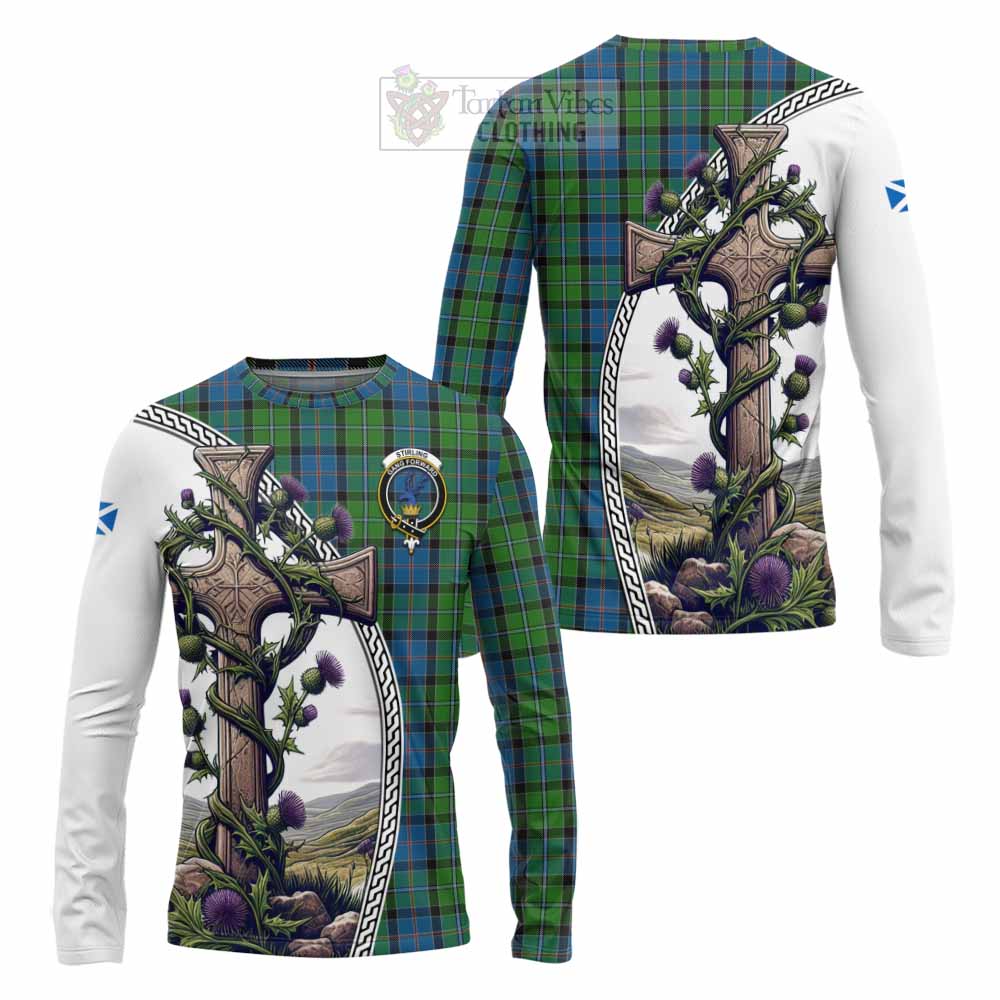 Tartan Vibes Clothing Stirling Tartan Long Sleeve T-Shirt with Family Crest and St. Andrew's Cross Accented by Thistle Vines