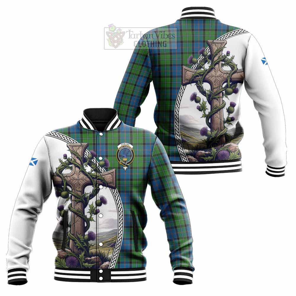 Tartan Vibes Clothing Stirling Tartan Baseball Jacket with Family Crest and St. Andrew's Cross Accented by Thistle Vines