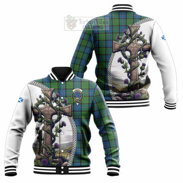 Tartan Vibes Clothing Stirling Tartan Baseball Jacket with Family Crest and St. Andrew's Cross Accented by Thistle Vines