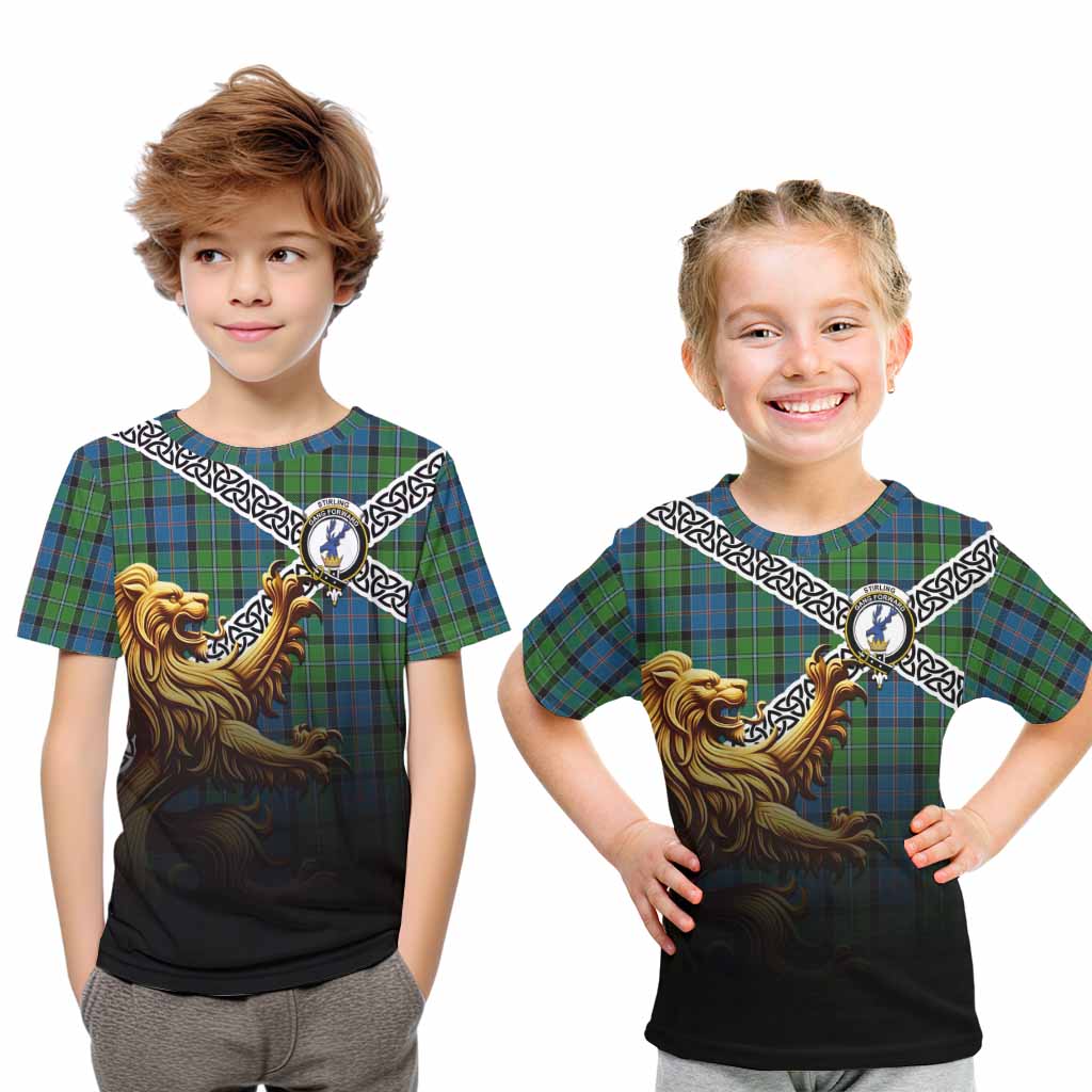 Tartan Vibes Clothing Stirling Crest Tartan Kid T-Shirt with Golden Lion Emblem Celtic Style