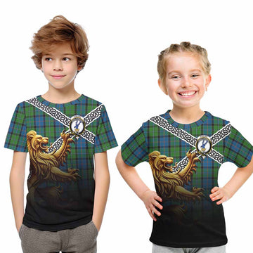 Tartan Vibes Clothing Stirling Crest Tartan Kid T-Shirt with Golden Lion Emblem Celtic Style