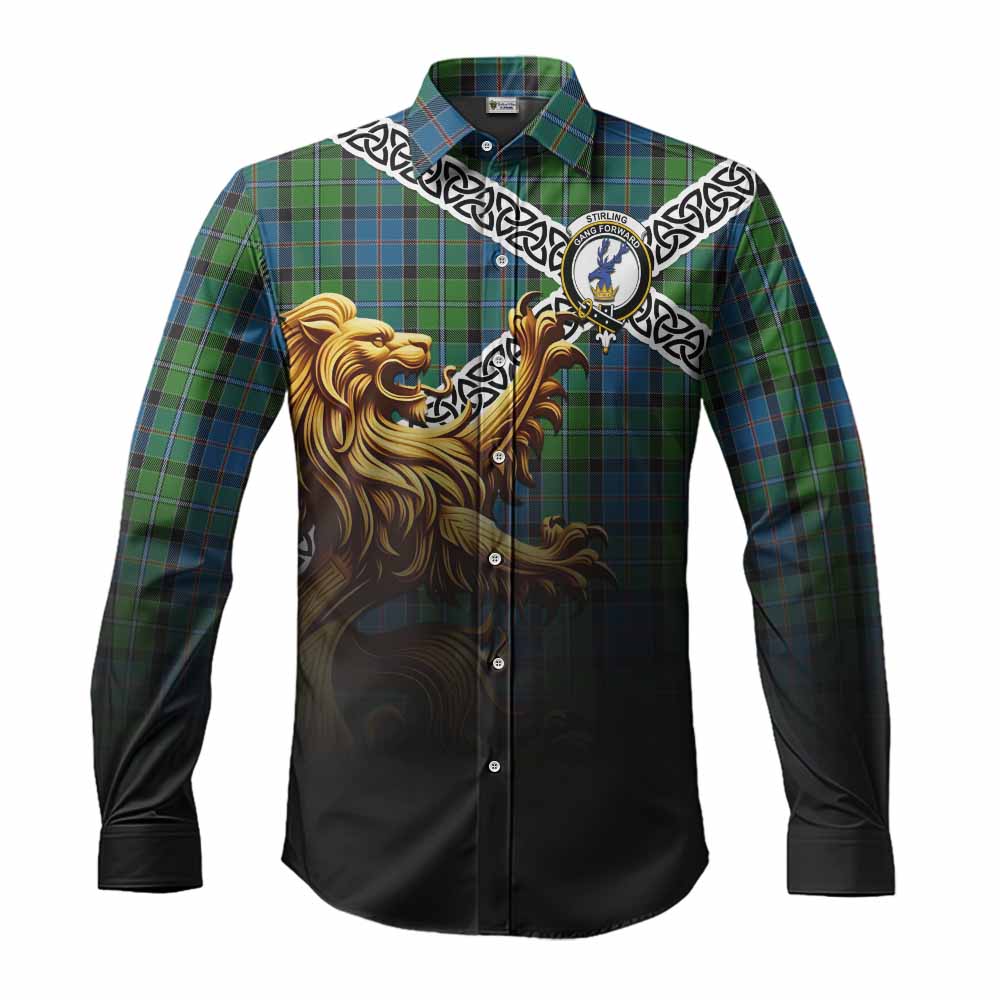Tartan Vibes Clothing Stirling Crest Tartan Long Sleeve Button Shirt with Golden Lion Emblem Celtic Style