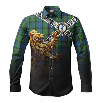 Tartan Vibes Clothing Stirling Crest Tartan Long Sleeve Button Shirt with Golden Lion Emblem Celtic Style