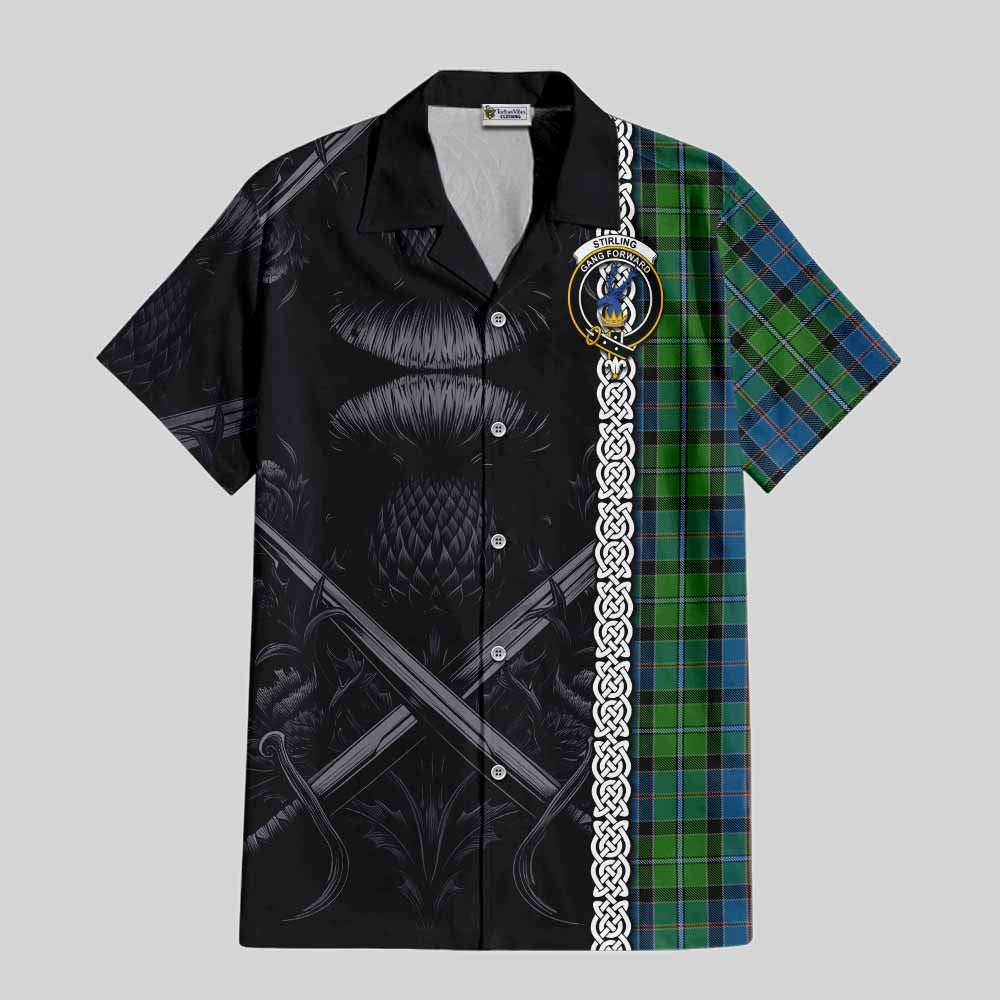 Tartan Vibes Clothing Stirling Tartan Short Sleeve Button Shirt with Family Crest Cross Sword Thistle Celtic Vibes