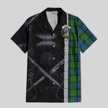 Tartan Vibes Clothing Stirling Tartan Short Sleeve Button Shirt with Family Crest Cross Sword Thistle Celtic Vibes