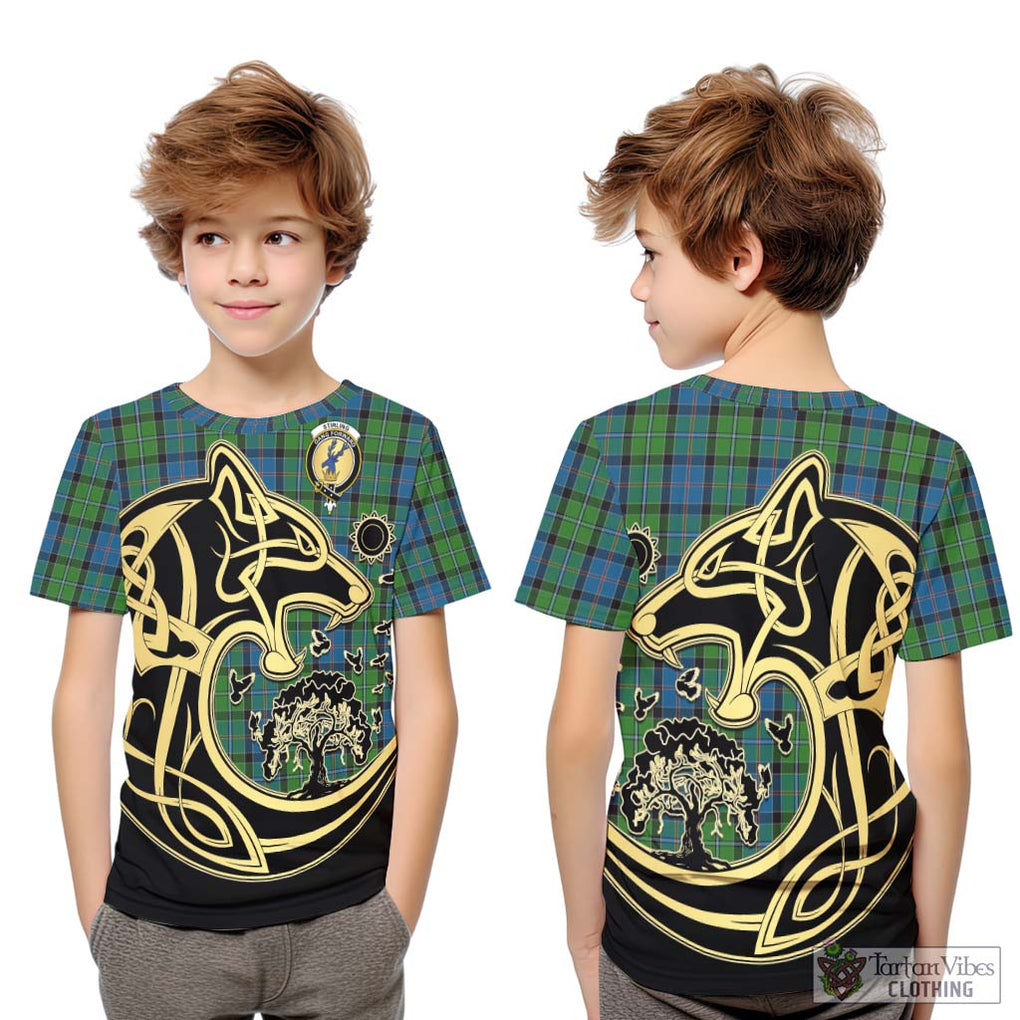 Stirling Tartan Kid T-Shirt with Family Crest Celtic Wolf Style Youth XL Size14 - Tartan Vibes Clothing