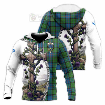 Tartan Vibes Clothing Stirling Tartan Knitted Hoodie with Family Crest and St. Andrew's Cross Accented by Thistle Vines