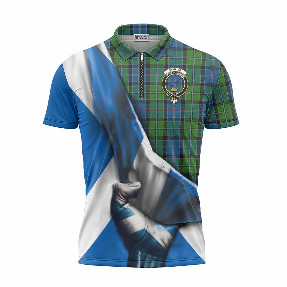 Tartan Vibes Clothing Stirling Tartan Zipper Polo Shirt with Family Crest Scotland Patriotic Style