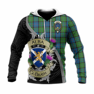 Tartan Vibes Clothing Stirling Tartan Family Crest Knitted Hoodie Lion Rampant Royal Thistle Shield Celtic Inspired