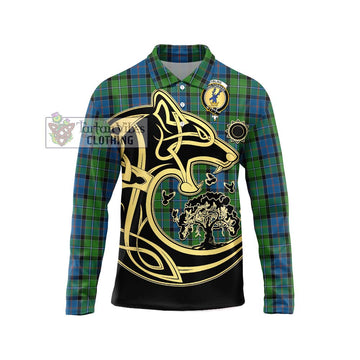 Stirling Tartan Long Sleeve Polo Shirt with Family Crest Celtic Wolf Style Unisex - Tartanvibesclothing Shop