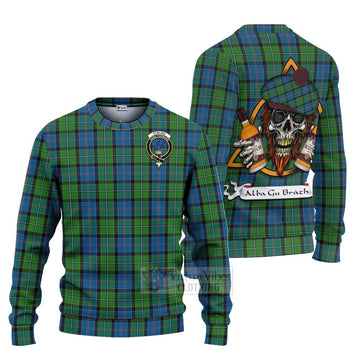 Tartan Vibes Clothing Stirling Tartan Knitted Sweater with Family Crest and Bearded Skull Holding Bottles of Whiskey
