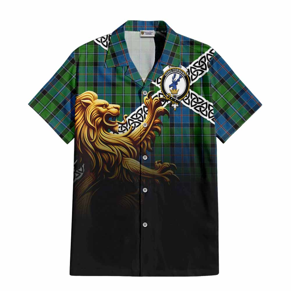 Tartan Vibes Clothing Stirling Crest Tartan Short Sleeve Button Shirt with Golden Lion Emblem Celtic Style
