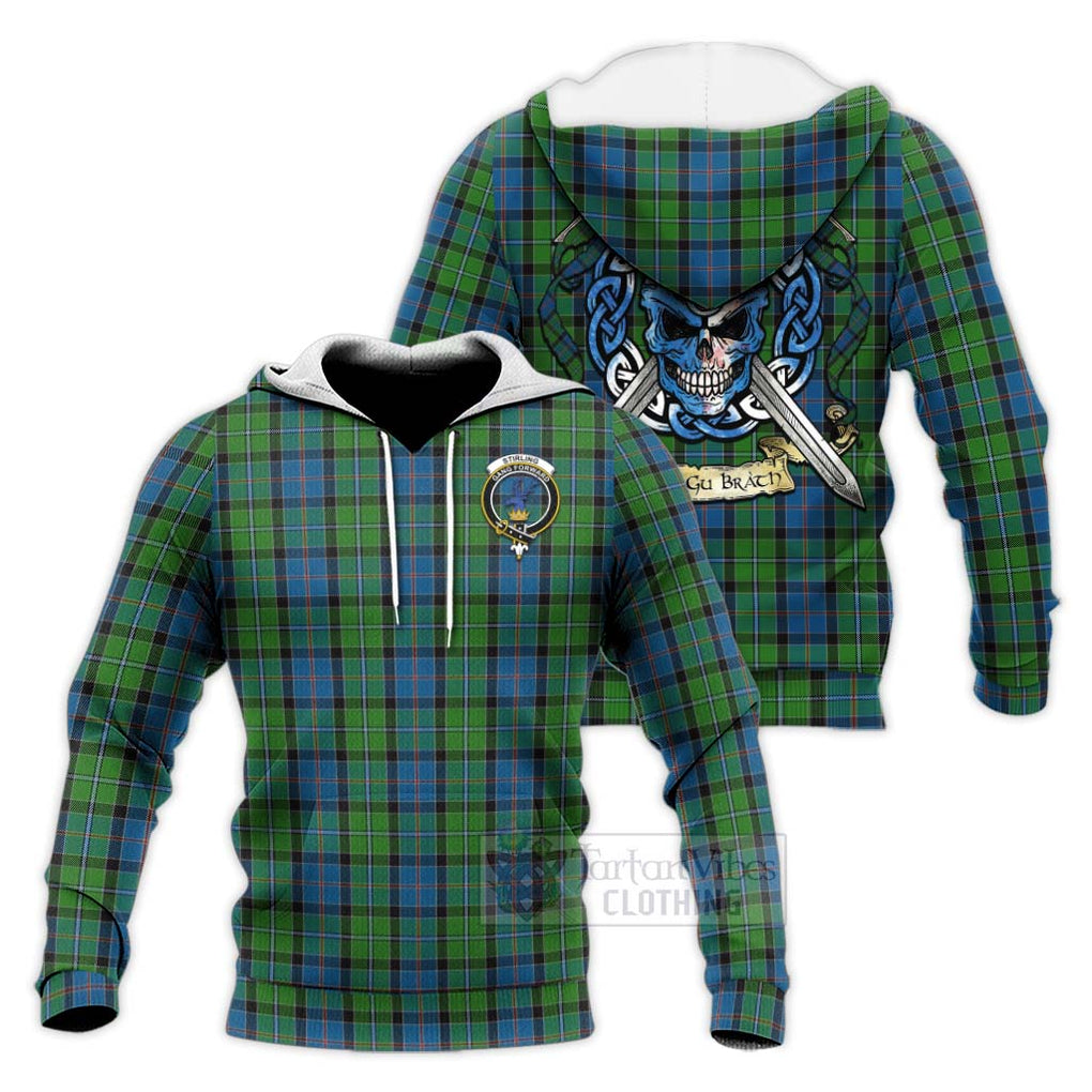 Tartan Vibes Clothing Stirling Tartan Knitted Hoodie with Family Crest Celtic Skull Style