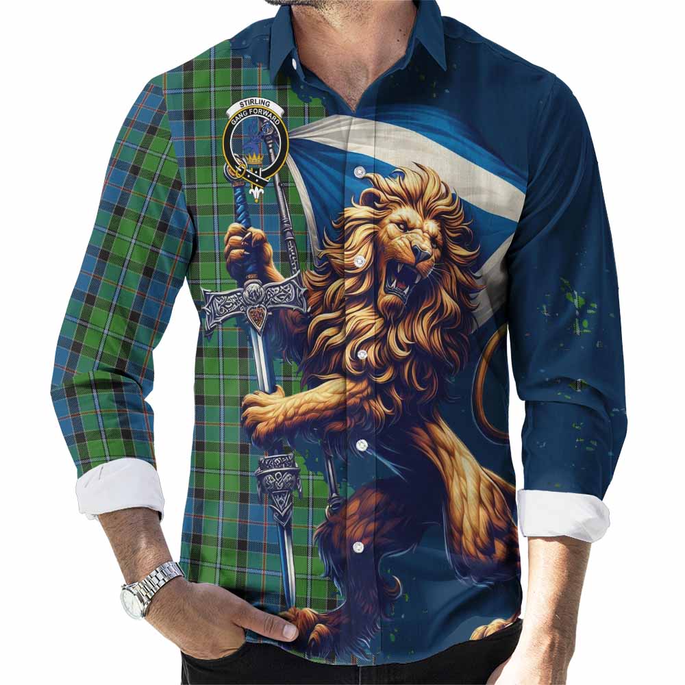 Tartan Vibes Clothing Stirling Tartan Family Crest Long Sleeve Button Shirt with Scottish Majestic Lion