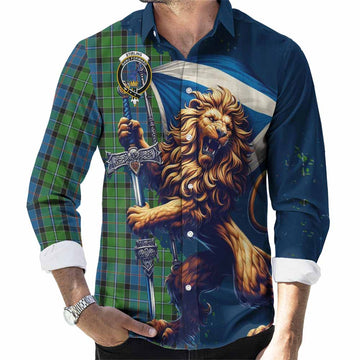 Tartan Vibes Clothing Stirling Tartan Family Crest Long Sleeve Button Shirt with Scottish Majestic Lion