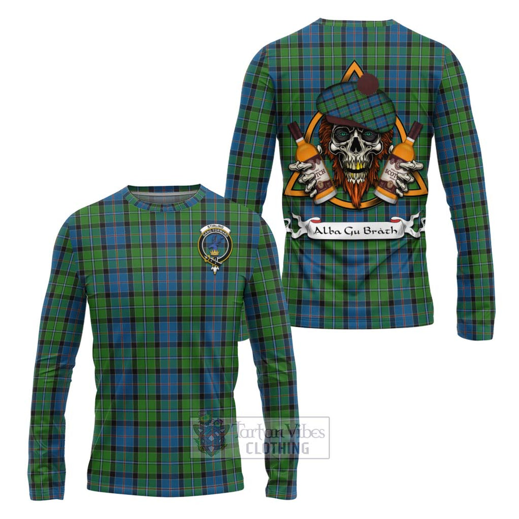 Tartan Vibes Clothing Stirling Tartan Long Sleeve T-Shirt with Family Crest and Bearded Skull Holding Bottles of Whiskey