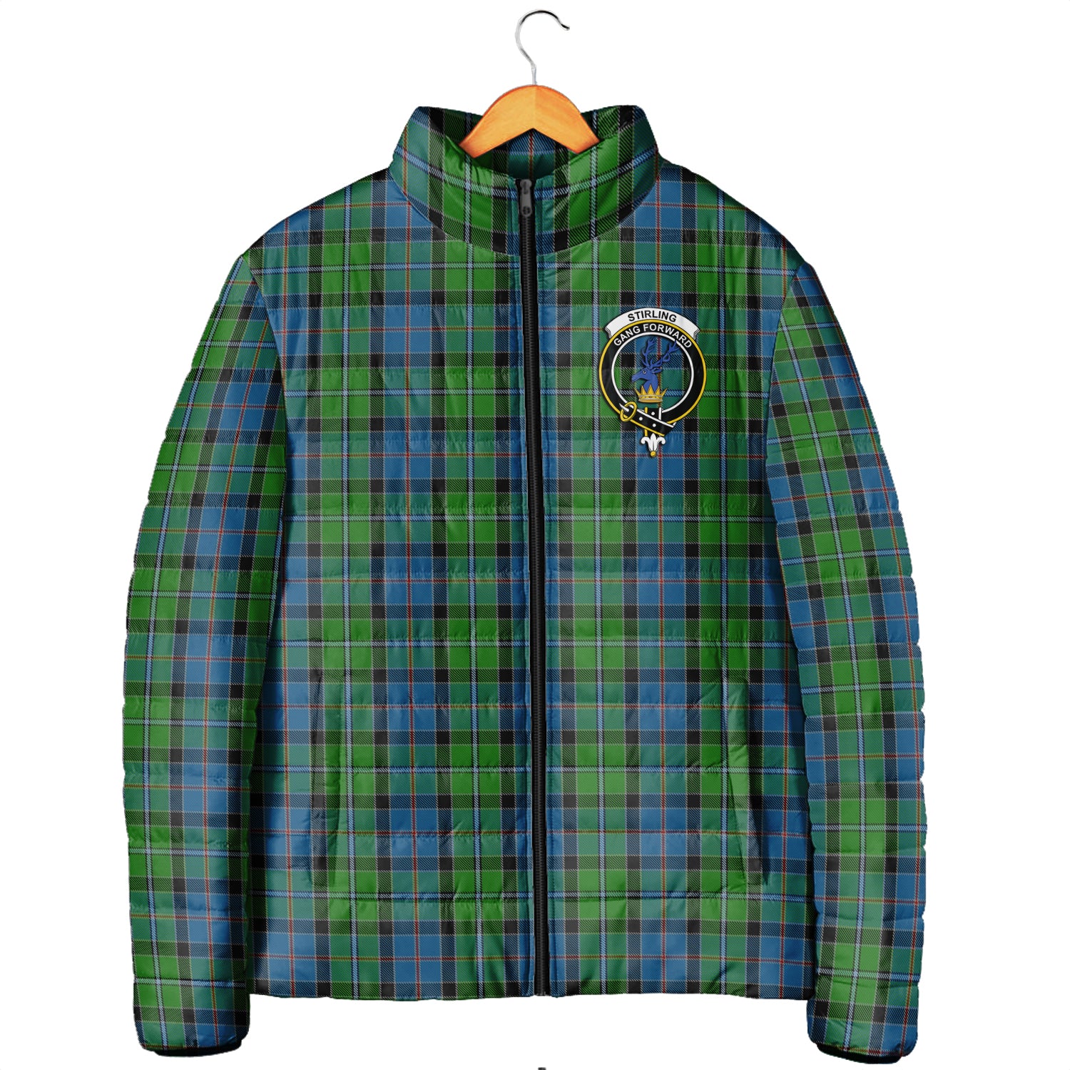 Stirling Tartan Padded Jacket with Family Crest Men's Padded Jacket - Tartan Vibes Clothing