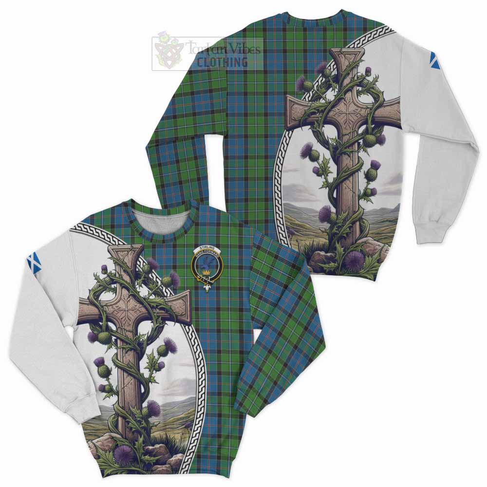 Tartan Vibes Clothing Stirling Tartan Sweatshirt with Family Crest and St. Andrew's Cross Accented by Thistle Vines